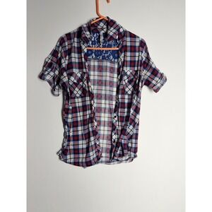 RnB Womens 1X Plaid Flannel Lace Back Button‎ Up Shirt Blue Red White Boho Top